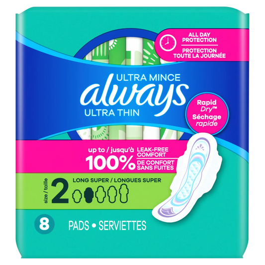 Always Ultra Thin Feminine Pads With Wings For Women Size 2 Long Super Absorbency Unscented - 8ct