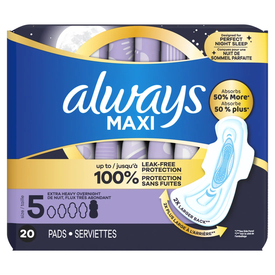 Always Maxi Overnight Pads With Wings For Women Size 5 Extra Heavy Overnight Absorbency Unscented - 20ct