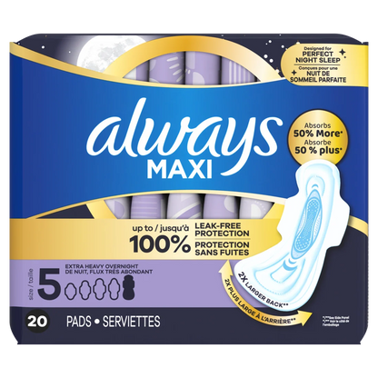 Always Maxi Overnight Pads With Wings For Women Size 5 Extra Heavy Overnight Absorbency Unscented - 20ct