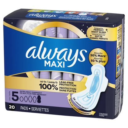Always Maxi Overnight Pads With Wings For Women Size 5 Extra Heavy Overnight Absorbency Unscented - 20ct