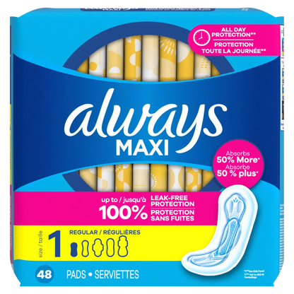 Always Maxi Feminine Pads Without Wings For Women Size 1 Regular Absorbency Unscented - 48ct