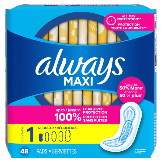 Always Maxi Feminine Pads Without Wings For Women Size 1 Regular Absorbency Unscented - 48ct