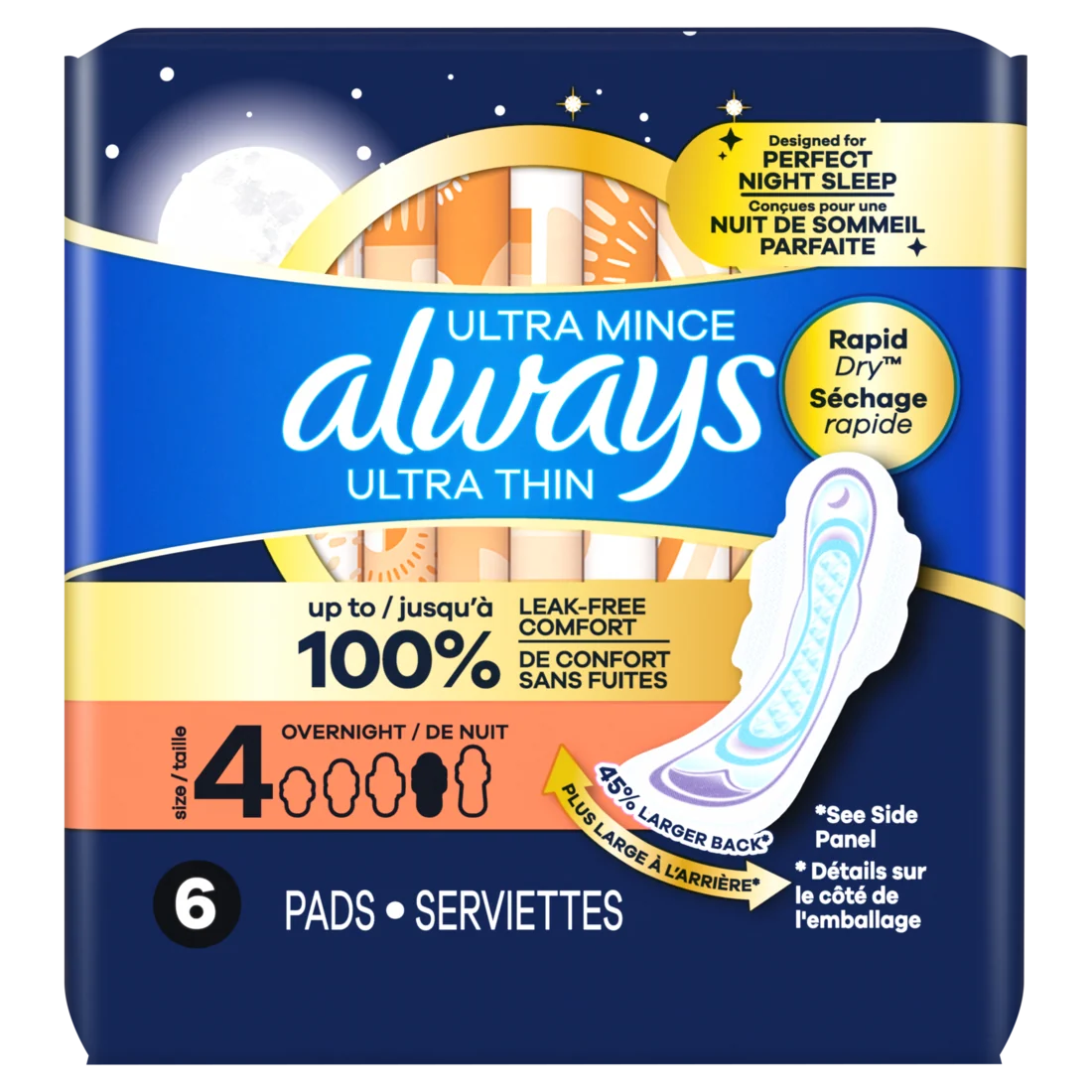 Always Ultra Thin Feminine Pads With Wings For Women Size 4 Overnight Absorbency Unscented - 6ct