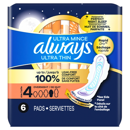 Always Ultra Thin Feminine Pads With Wings For Women Size 4 Overnight Absorbency Unscented - 6ct