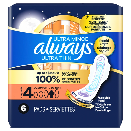 Always Ultra Thin Feminine Pads With Wings For Women Size 4 Overnight Absorbency Unscented - 6ct