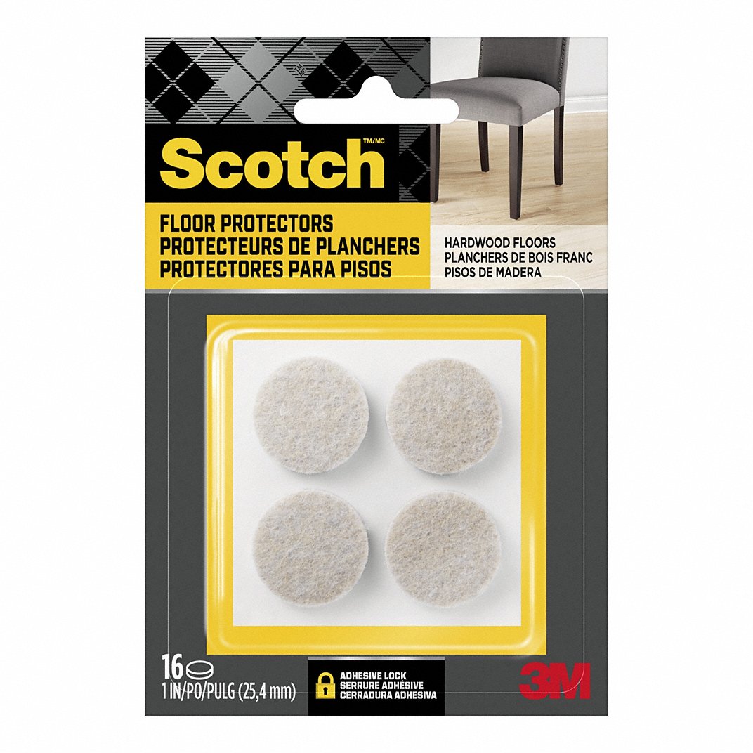 3M Furniture Pads: Felt, Round, Beige, 1 in Overall Dia, 1/8 in Overall Ht, Straight, Polyester