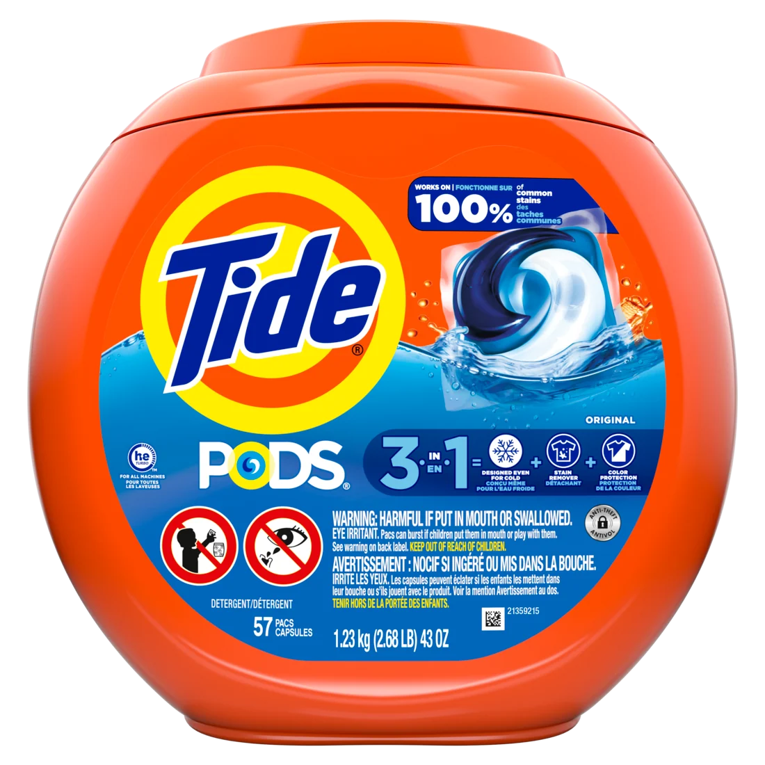 Tide Pods Laundry Detergent Pacs 3-in-1 Stain Remover Odor Fighter Color Protector HE Compatible Original Scent - 57ct