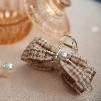 Large Pearl Hair Clip – Tan Checkered