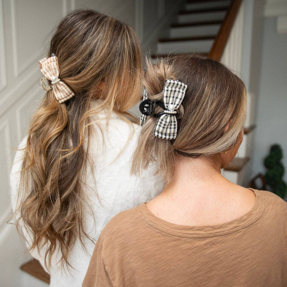 Large Pearl Hair Clip – Tan Checkered
