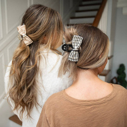 Large Pearl Hair Clip – Tan Checkered