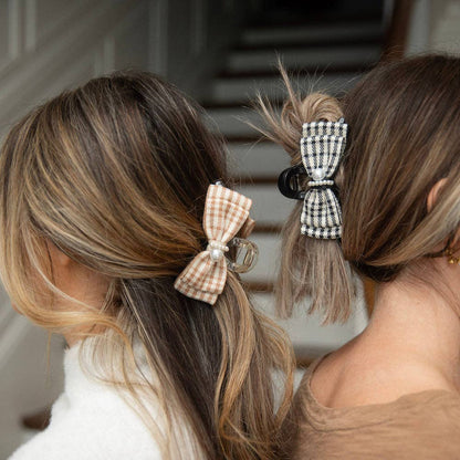 Large Pearl Hair Clip – Tan Checkered