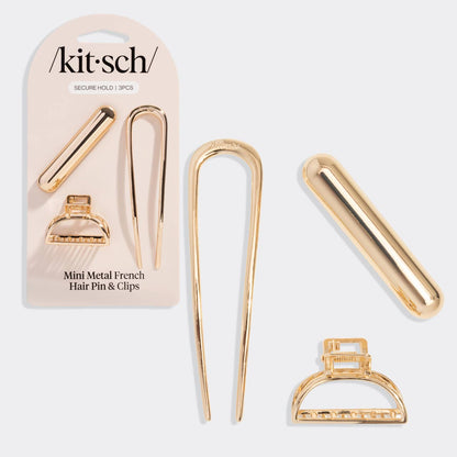 Mini Metal French Hair Pin & Clips 3pc Set - Gold