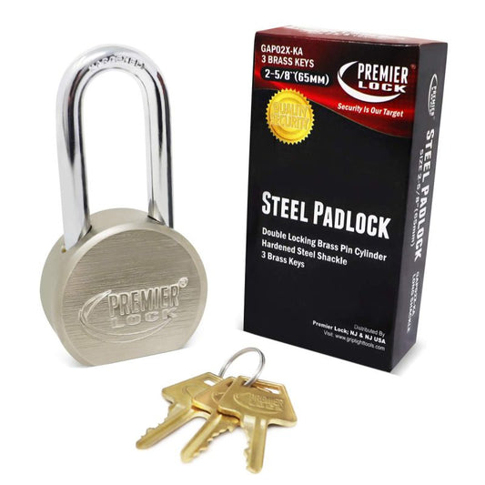 2-5/8" Premier Solid Steel Commercial Gate Keyed Padlock with Long Shackle and 3 Keys-Keyed Alike-Boxed